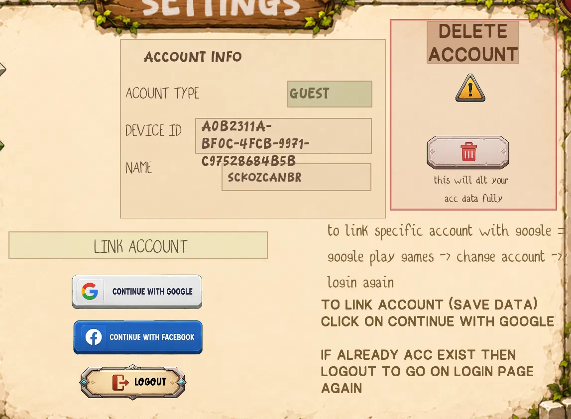 WallFall account settings screen showing guest account and Google login