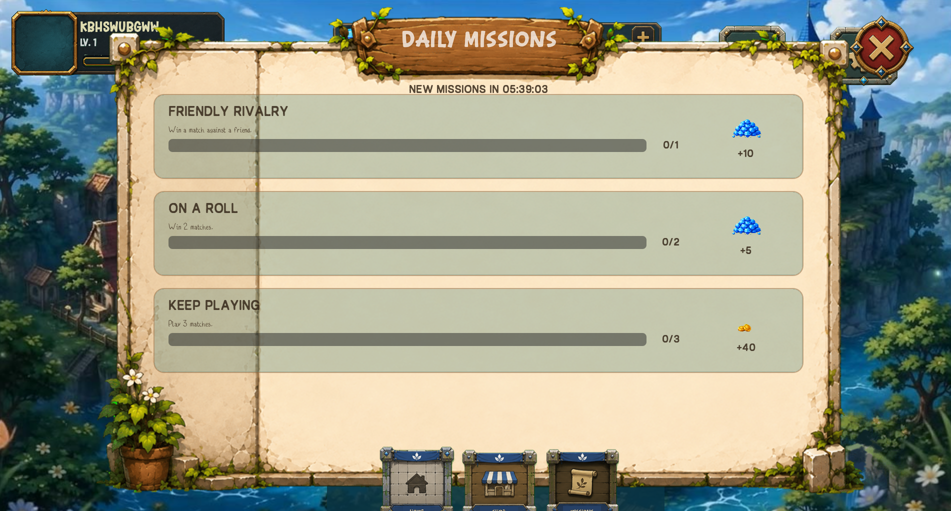 WallFall daily missions screen with reward progress bars