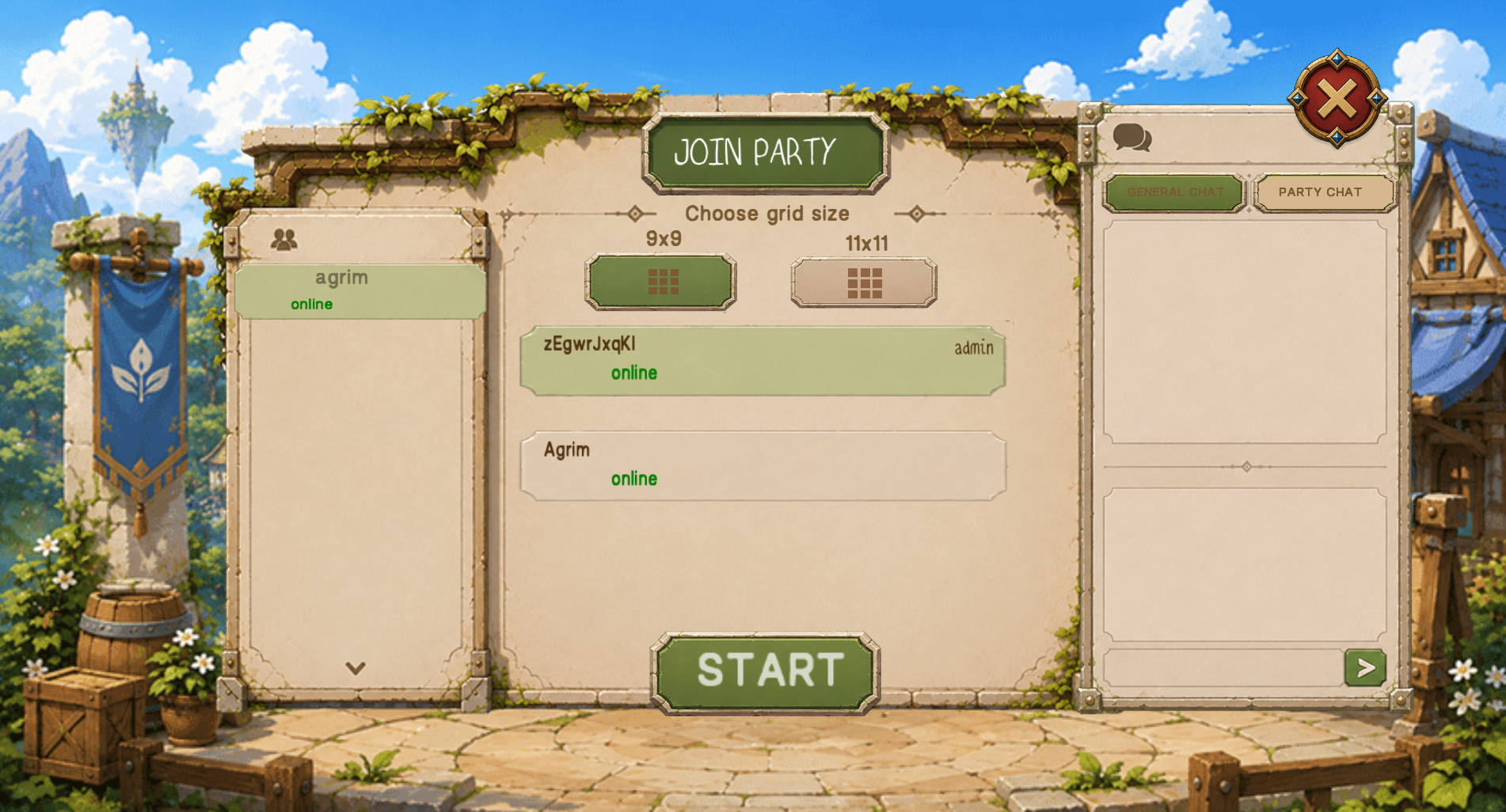 WallFall party screen with friends list, grid size choice, and chat